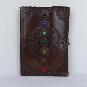 Chakra Journal – Handmade Goat Leather Notebook with 7 Chakra Stones – Large 30 x 21 cm – 120 Pages