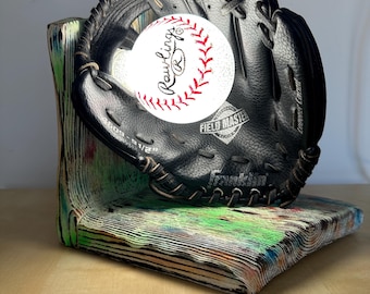 Sportfan Geschenk - Baseballlampe aus Holz mit echtem Handschuhleder & Ballbirne