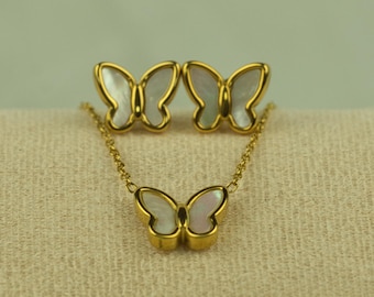 Dainty Gold Butterfly Jewelry Set: Stainless Steel Necklace & Studs