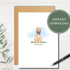 Może przedstawiać: Drukowana kartka z podziękowaniem z akwarelową ilustracją złotego retrievera w niebieskiej bandanie. Pies siedzi na kawałku zielonej trawy z niebieskim niebem i białymi chmurami w tle. Tekst "dziękuję" jest wydrukowany pod psem.
