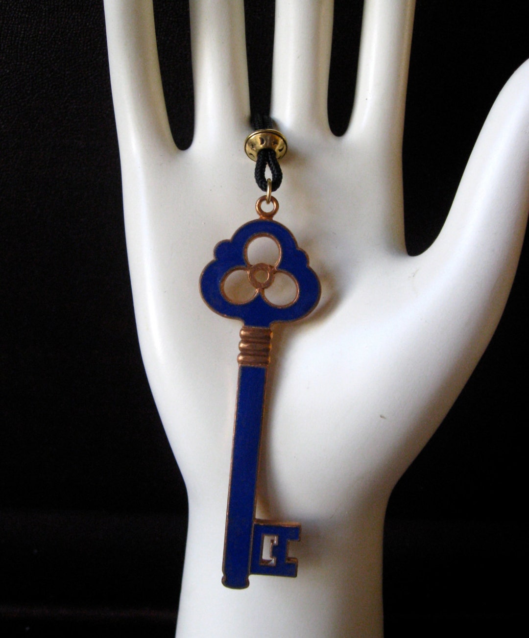 Vintage Decorative Enamelled French Key Large on Long Cord Royal Blue ...