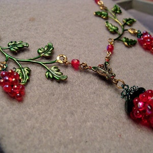 Red Grapes Necklace with Handmade Glass Grape Bunches and Hand Tinted Brass Branches