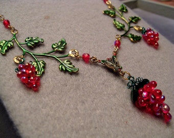 Red Grapes Necklace with Handmade Glass Grape Bunches and Hand Tinted Brass Branches