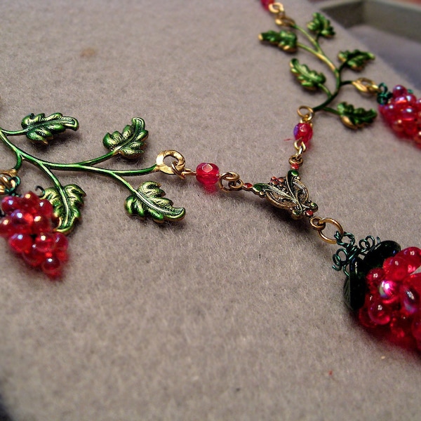 Red Grapes Necklace with Handmade Glass Grape Bunches and Hand Tinted Brass Branches