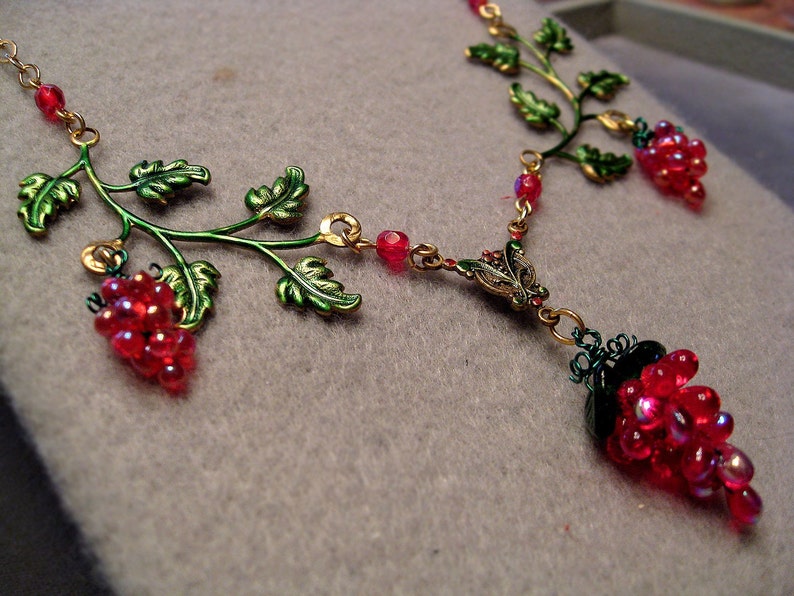 Red Grapes Necklace with Handmade Glass Grape Bunches and Hand Tinted Brass Branches image 1