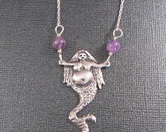 Mermaid Goddess 24"  Necklace in Sterling with Amethyst Beads Rotund Mermaid OOAK