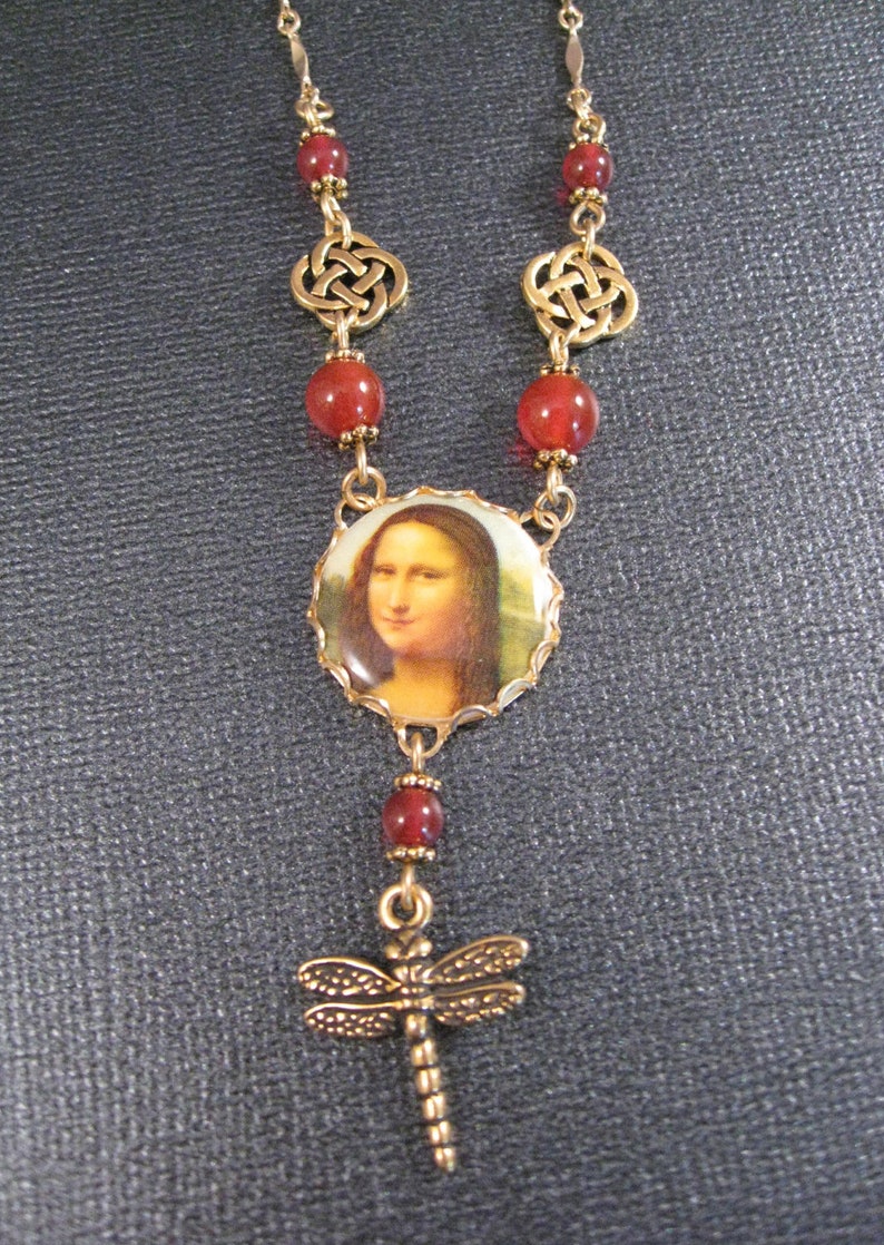 Mona Lisa Necklace with Dragonfly, Carnelian, Celtic Circles by BeadJewelled image 3