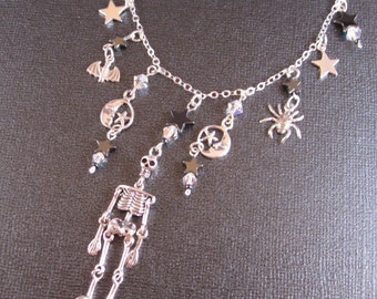 SKELETON Charm Necklace in Sterling Not Just for Halloween Hematite Stars Swarovski Crystal Bats Moons Spiders Limited Edition