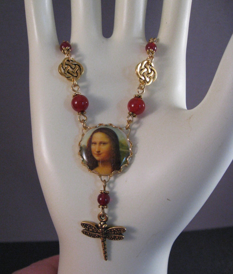 Mona Lisa Necklace with Dragonfly, Carnelian, Celtic Circles by BeadJewelled image 4