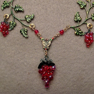 Red Grapes Necklace with Handmade Glass Grape Bunches and Hand Tinted Brass Branches image 3