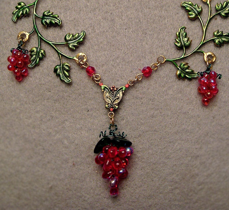 Red Grapes Necklace with Handmade Glass Grape Bunches and Hand Tinted Brass Branches image 3