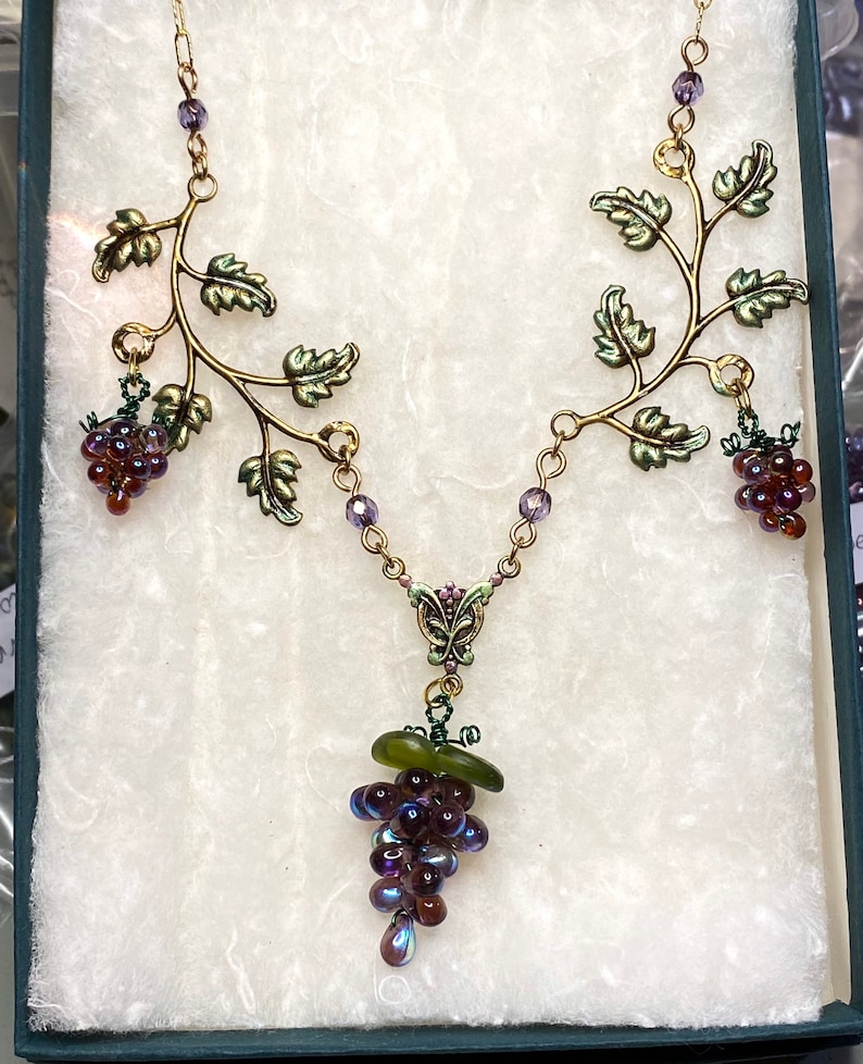 Red Grapes Necklace with Handmade Glass Grape Bunches and Hand Tinted Brass Branches image 5