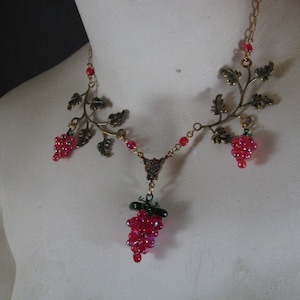 Red Grapes Necklace with Handmade Glass Grape Bunches and Hand Tinted Brass Branches image 4