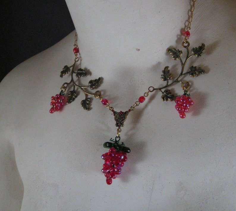 Red Grapes Necklace with Handmade Glass Grape Bunches and Hand Tinted Brass Branches image 4