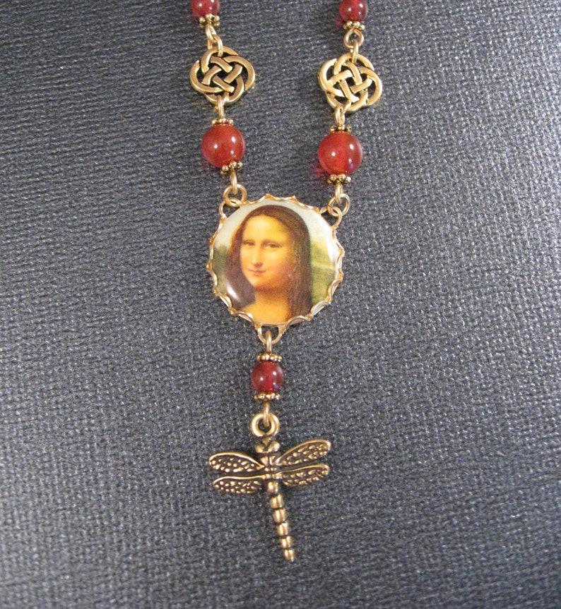 Mona Lisa Necklace with Dragonfly, Carnelian, Celtic Circles by BeadJewelled image 1