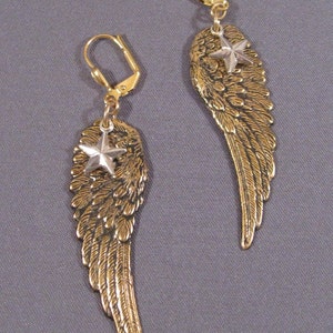 Angel Wing Earrings with Stars, Large Size Brass Wings image 2