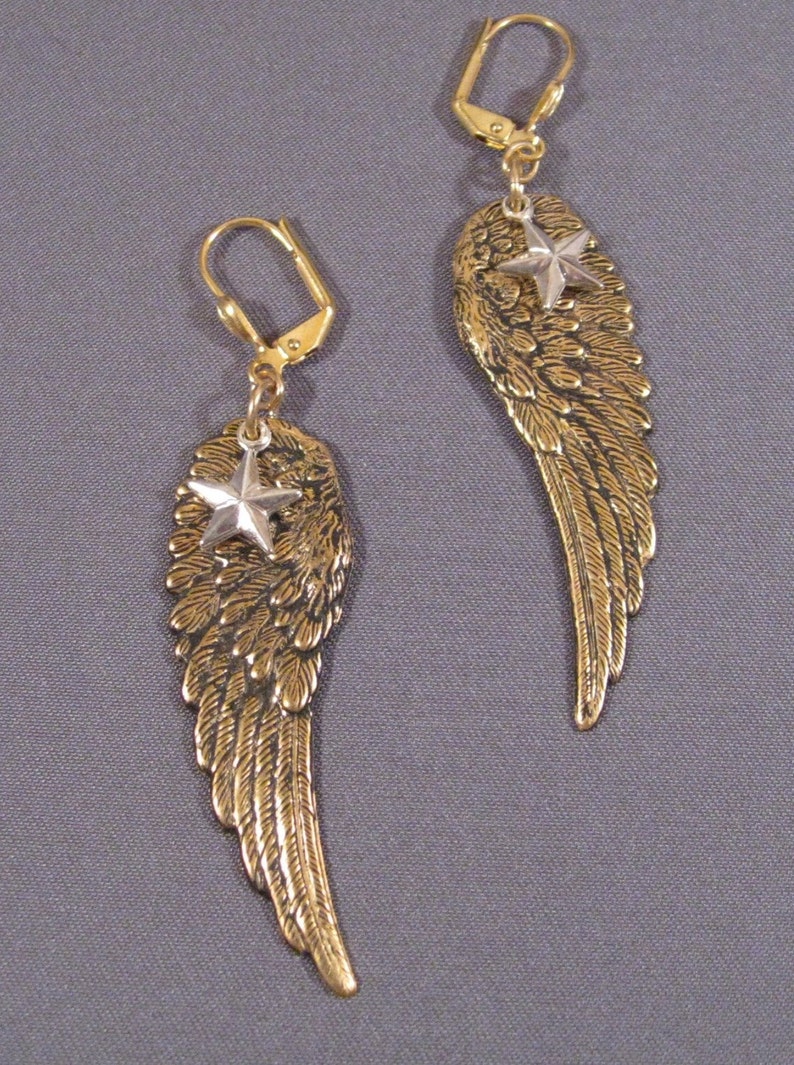 Angel Wing Earrings with Stars, Large Size Brass Wings image 2