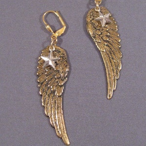 Angel Wing Earrings with Stars, Large Size Brass Wings image 1