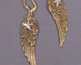 Angel Wing Earrings with Stars, Large Size Brass Wings