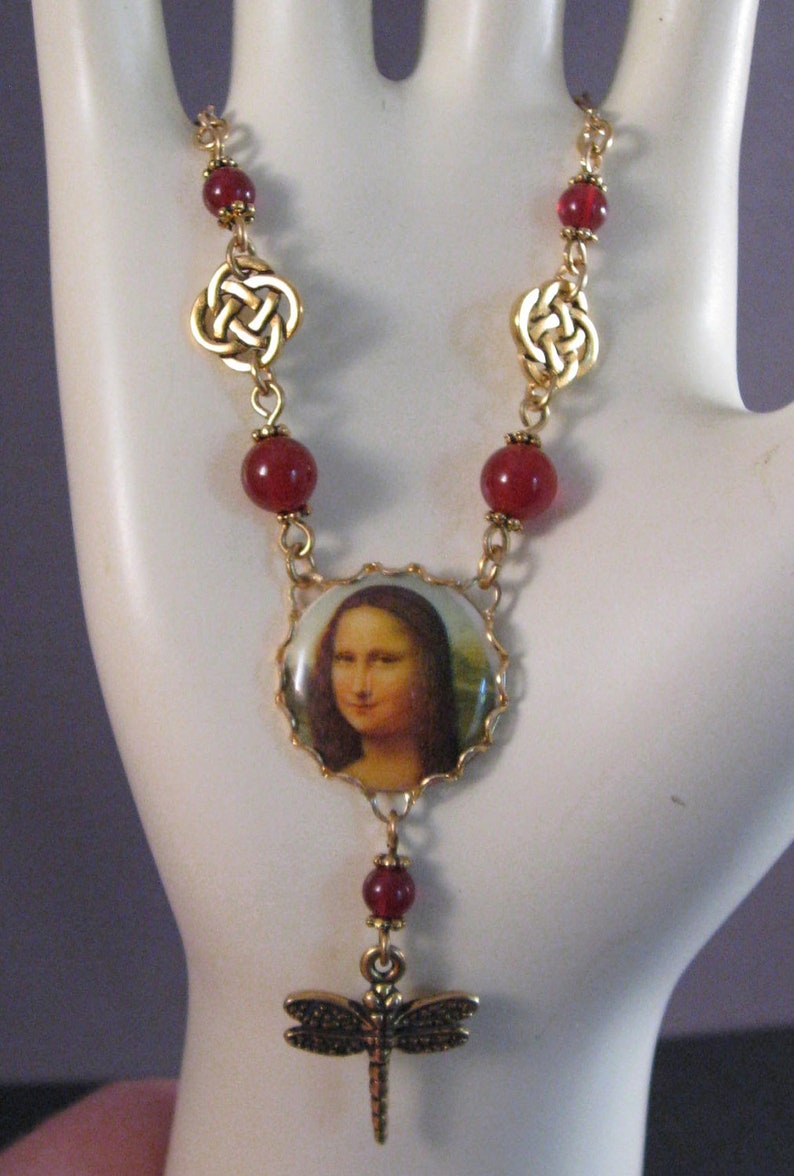 Mona Lisa Necklace with Dragonfly, Carnelian, Celtic Circles by BeadJewelled image 2