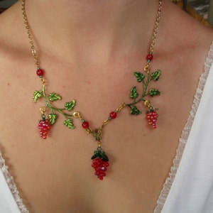 Red Grapes Necklace with Handmade Glass Grape Bunches and Hand Tinted Brass Branches image 2