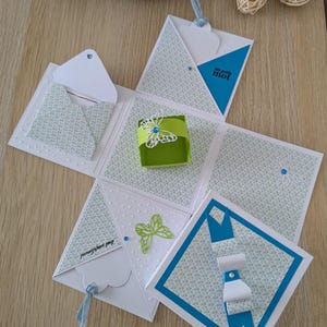 Boîte à explosion unique faite main- carte cadeau- cadeau d'anniversaire, cadeau de Noël, cadeau pour elle , coffret cadeau, bleu et vert