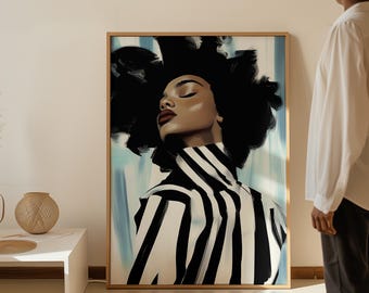 Abstrakte schwarze Frau Print: Ausdrucksstarke gestreifte moderne Wandkunst (Digitaler Download)