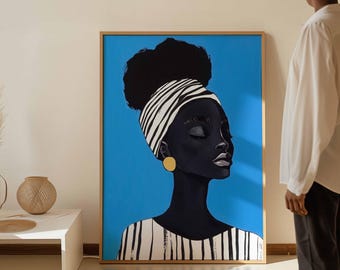 Moderne Frau Portrait: Blau Gestreifte Minimalistische Wand Kunst Druck (Digitaler Download)