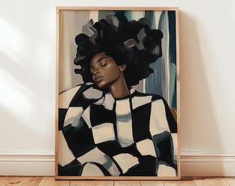 Resting Afro Woman Portrait, Bold Black Woman Print, Abstract Geometric Wall Art, Serene Contemporary Art, Digital Download