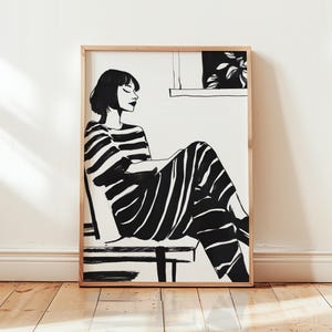 Minimalist Black and White Woman Print, Modern Striped Art, Serene Feminine Wall Art, Monochrome Contemporary Printable, Digital Download