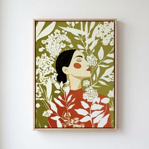 A nature-inspired painting of a serene woman surrounded by delicate botanical elements, set against an earthy-toned background. The harmonious blend of florals and bold red accents creates a striking yet tranquil composition.