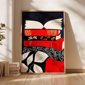 Lámina con diseño de pila de libros rojos: Decoración literaria para el rincón de lectura (Descarga digital)