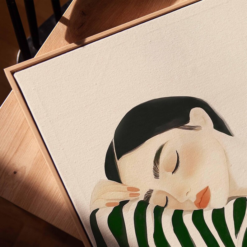 Emerald Green Woman Portrait: Striped Minimalist Wall Art Print ...