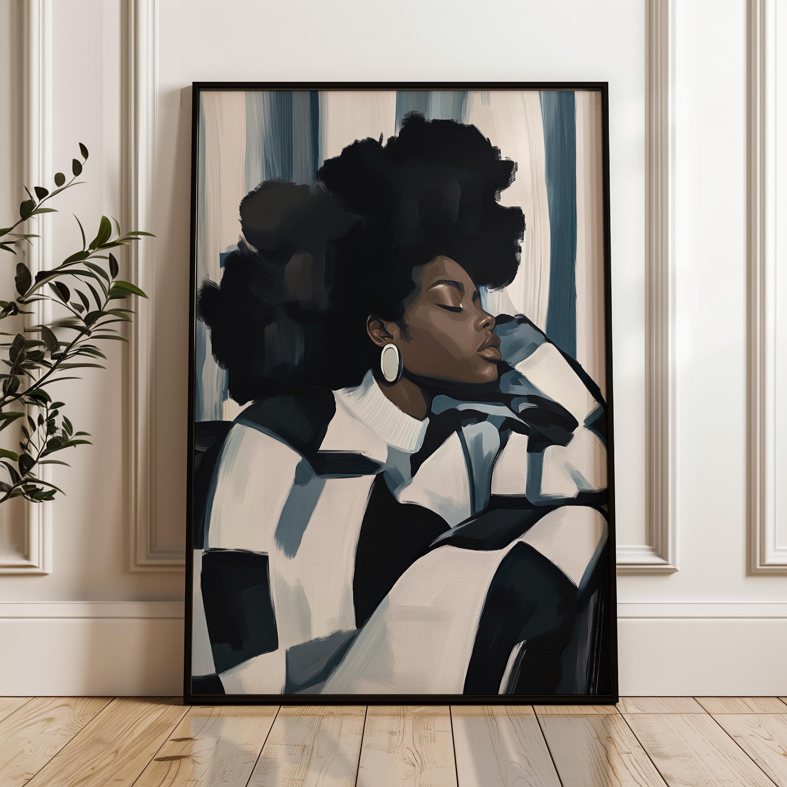 Contemplative Afro Woman Portrait, Black Woman Print, Abstract Modern Wall Art, Feminine Energy Art, Expressive Printable, Digital Download