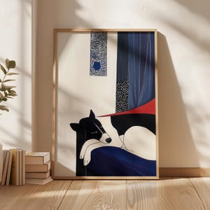 Puede incluir: Una ilustración enmarcada de un perro blanco y negro durmiendo en un sofá azul. El fondo es un diseño abstracto colorido con formas geométricas rojas, azules y blancas.