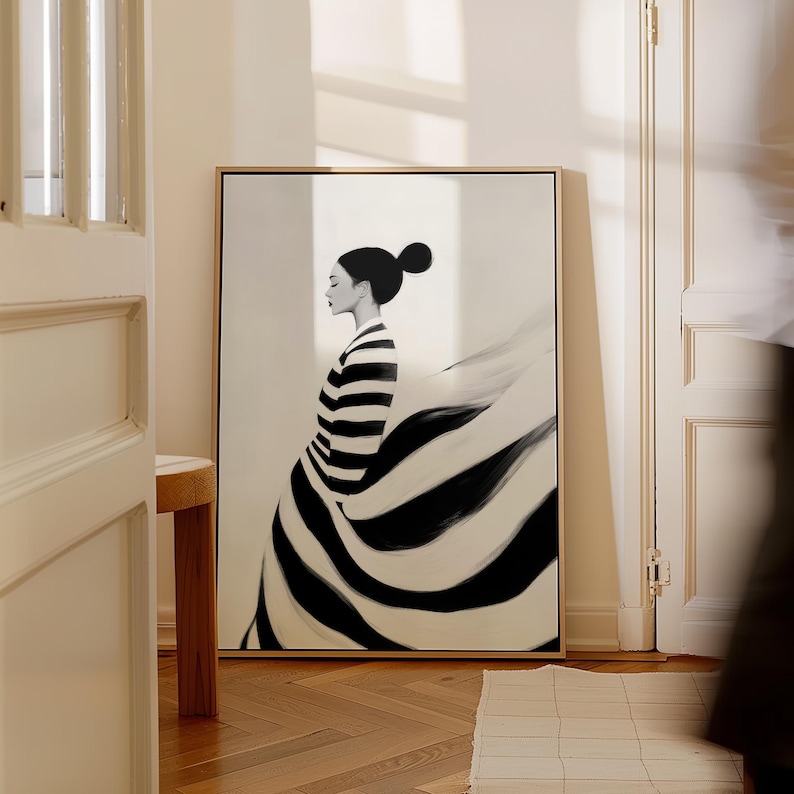 Black and White Woman Print: Striped Minimalist Wall Art (digital ...