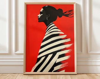 Red and Black Woman Portrait, Bold Striped Wall Art, Modern Fashion-Inspired Printable, Feminine Artwork, Digital Download