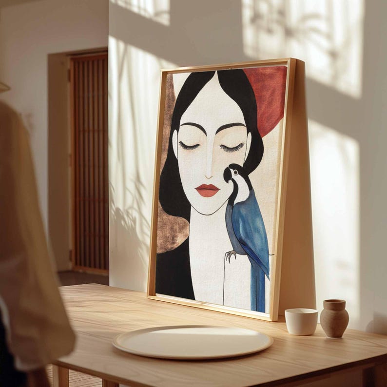 Stylish modern illustration of a serene woman with eyes closed, softly arched brows, and muted red lips. Her dark hair cascades smoothly along her shoulders. A luminous blue parrot with crisp black and white facial markings sits beside her, adding a striking color contrast against the gentle cream and earthy-toned background of this poetic, balanced composition.