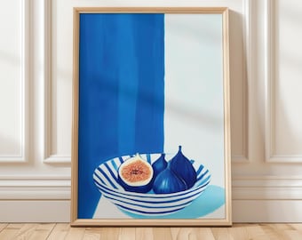 Blue Fig Still Life Print: Modern Striped Kitchen Wall Art (Digital Download)