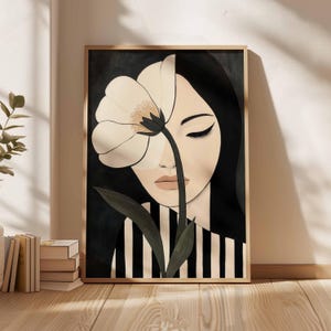 Minimalist Woman Portrait with White Flower Neutral Earth Tone Art Modern Striped Feminine Printable Wall Decor Digital Download
