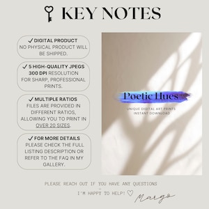Key features of Poetic Hues digital art prints, including high-resolution 300 DPI JPEGs, over 25 size options, and instant download access. Modern and minimal layout with branding and customer support note. Designed for online digital wall art listings.