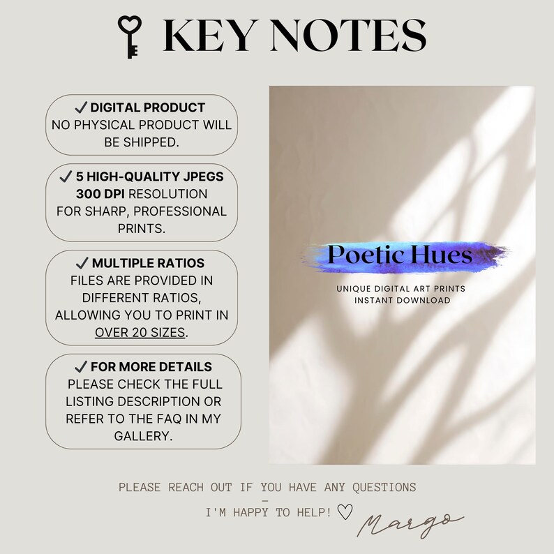 Key features of Poetic Hues digital art prints, including high-resolution 300 DPI JPEGs, over 25 size options, and instant download access. Modern and minimal layout with branding and customer support note. Designed for online digital wall art listings.