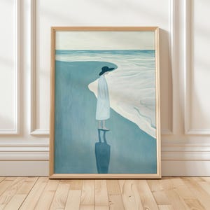 Mujer minimalista junto al mar en azul y blanco, impresión artística de un océano en calma, arte mural costero sereno, impresión moderna, descarga digital