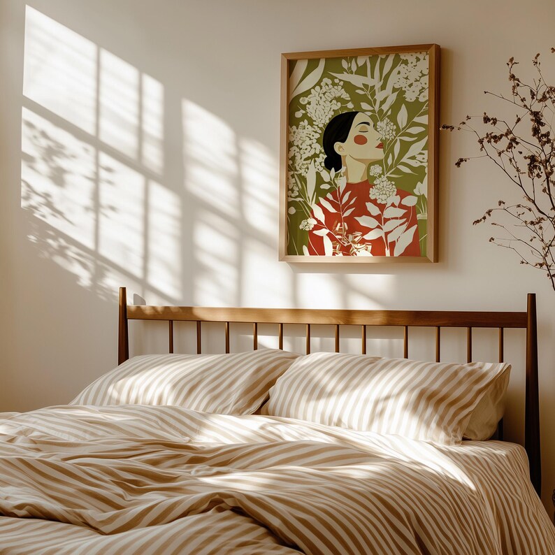Stylized side profile of a woman with sleek black hair and a tranquil expression. Cream botanical stems sweep diagonally across the olive background and over her red-orange clothing, creating movement and depth.