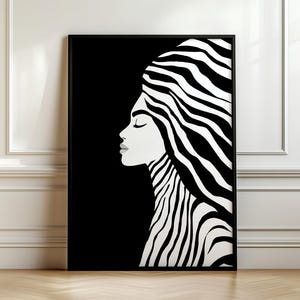 Minimalist Black and White Portrait, Bold Zebra-Inspired Woman Print, Modern Monochrome Wall Art, Striped Printable, Digital Download