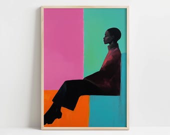 Bold Abstract Portrait of a Woman, Vibrant Black Modern Art, Minimalist Geometric Composition, Colorful Feminine Artwork, Digital Download