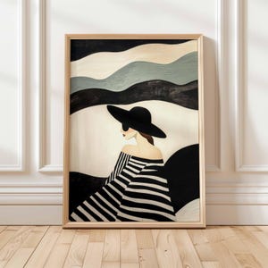 Stylish Woman in Striped Dress Minimalist Coastal Art Elegant Beach Wall Decor Seaside Serenity Printable Digital Download
