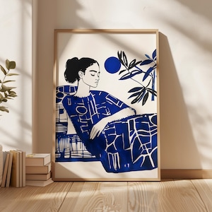 Dreamy Woman Portrait in Blue, Botanical Pattern Art, Minimalist Wall Art, Feminine Printable, Contemporary Artwork, Digital Download