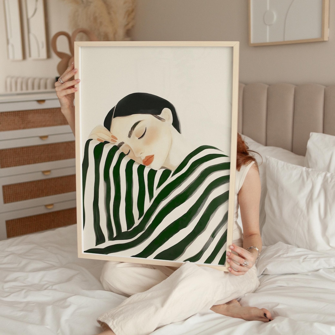 Emerald Green Woman Portrait: Striped Minimalist Wall Art Print ...