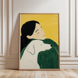Loving Dog Art Print, Minimalist Woman and White Dog Portrait, Serene Green and Yellow Artwork, Cozy Illustration, Digital Download
